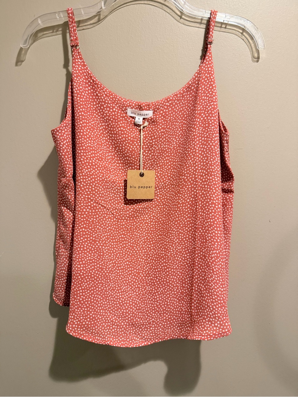 Blu Pepper Coral-Pink Polka Dot Camisole with Adjustable Straps